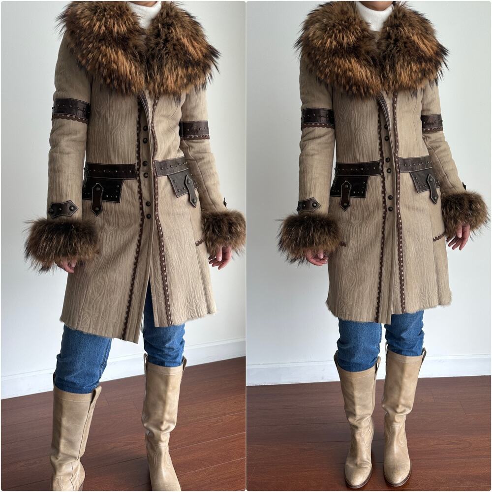 Vintage Leather Sheepskin Shearling Coat Womens Small Fur Trim Luxury Y2K Afghan